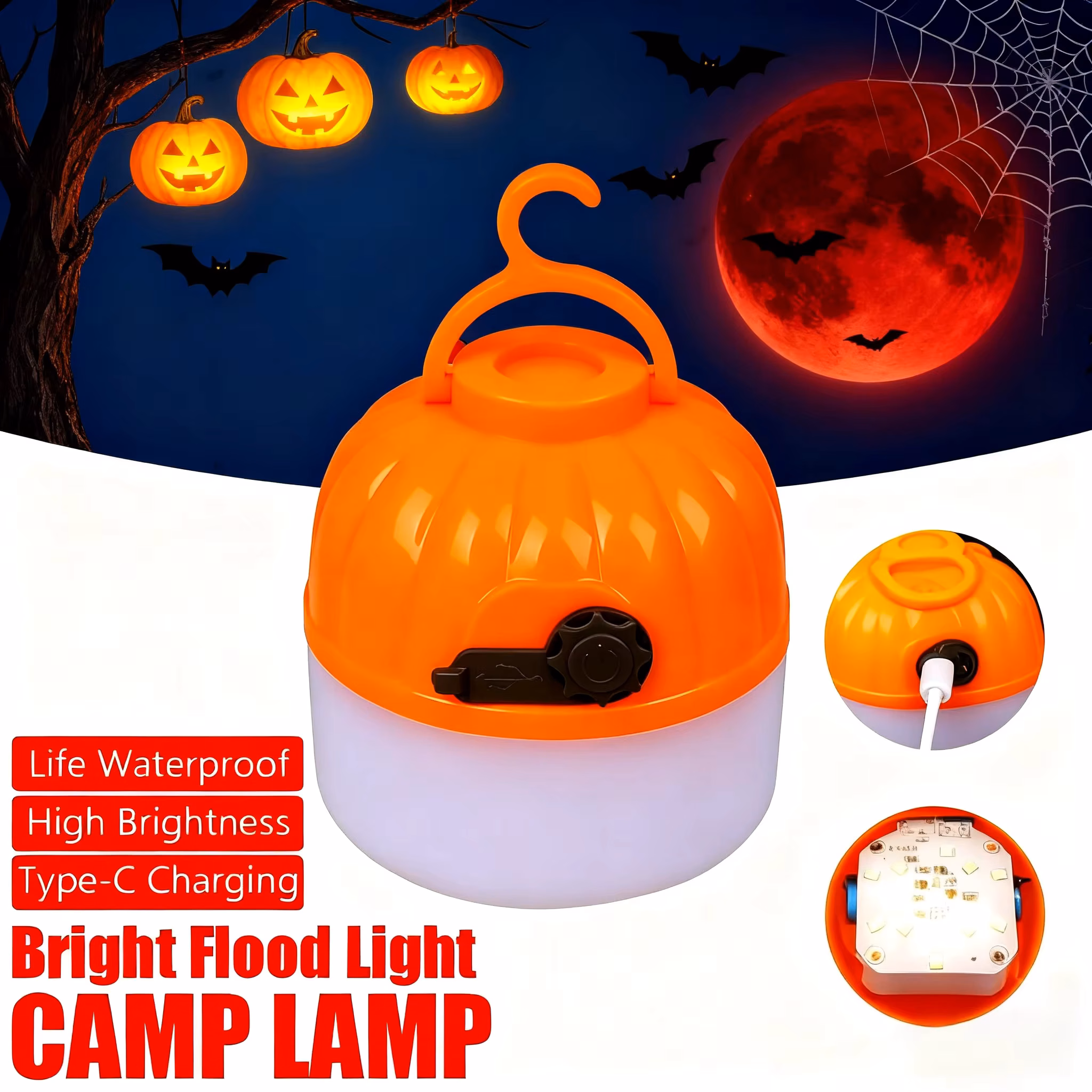 Mini Portable Halloween Pumpkin Lantern Usb Rechargeable Tent Lamp Cob Floodlight Outdoor Emergency Lighting Decoration Lamp