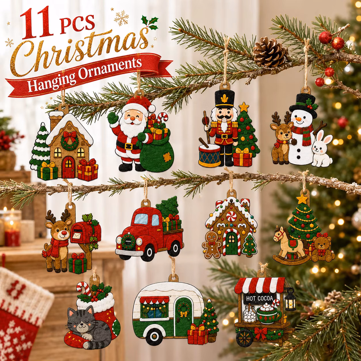 11 Pcs 2D Flat Christmas Felt Ornaments, Christmas Hanging Felt Decor, Diy Holiday Decor for Home Halloween Party Accessories