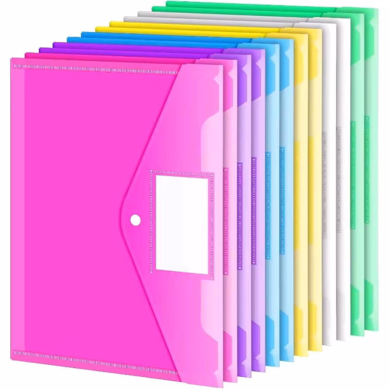 10pcs A4 Folders Plastic Envelopes Clear File Folder for Document Poly File with Label Pocket Snap Button for Office Organizer