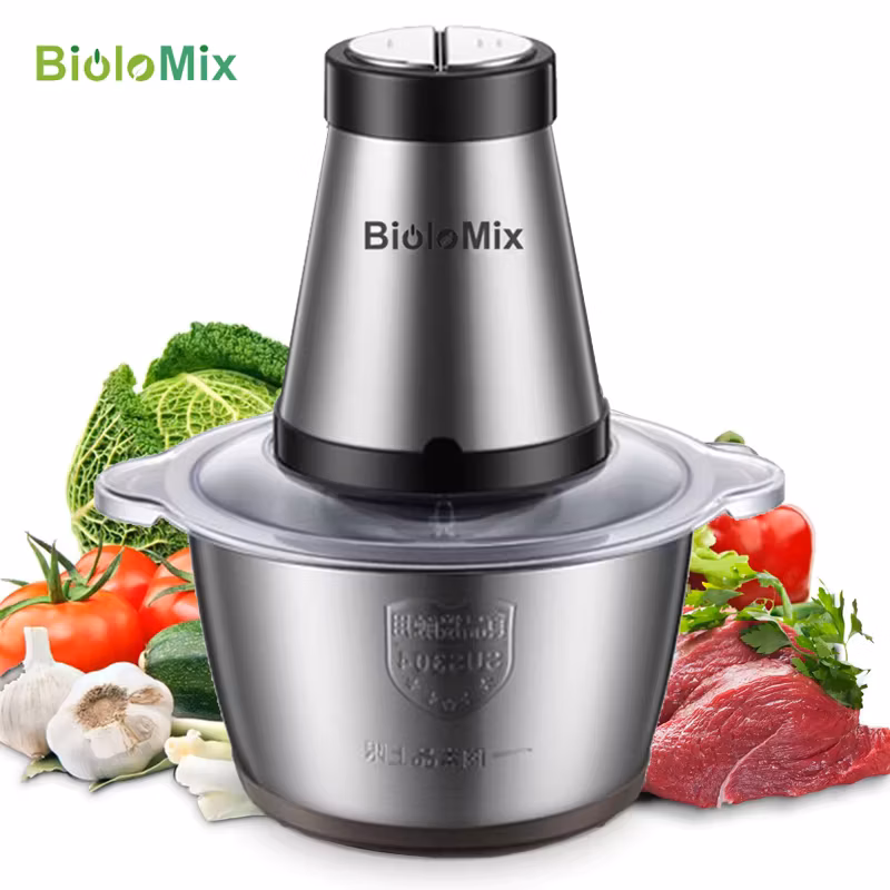 BioloMix 2 Speeds 500W Stainless Steel 2L Capacity Electric Chopper Meat Grinder Mincer Food Processor Slicer