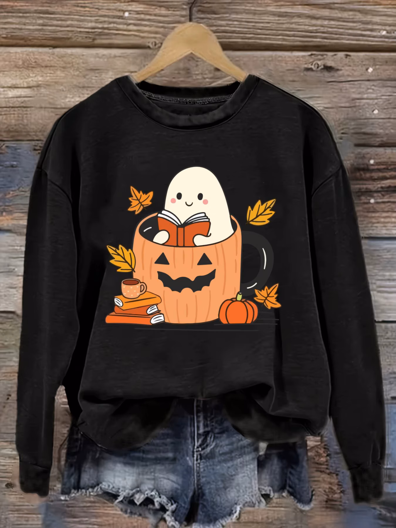 Women's Casual Long Sleeve Crew Neck T-Shirt Cute Ghost Reading In Pumpkin Mug Design, Round Neck Women's Clothing, Machine Washable, Slightly Elastic, Loose Fit, Spring Autumn Winter Women's T-Shirt, Halloween Costume Outfit