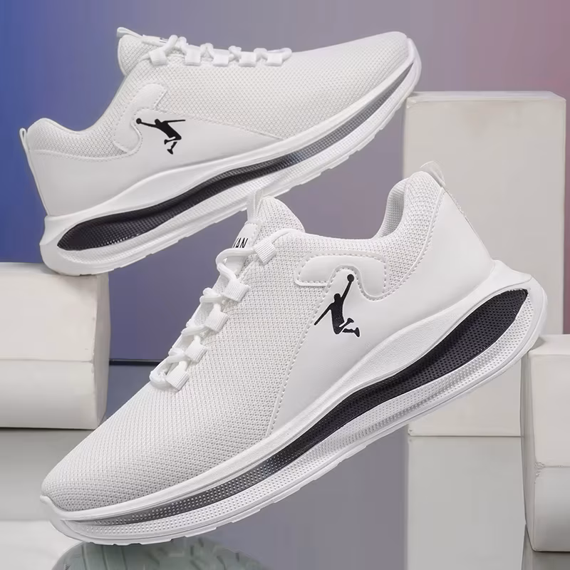 Men Running Sneakers Light Cushion Soft Sole Athletic Walking Shoes White Black Gold