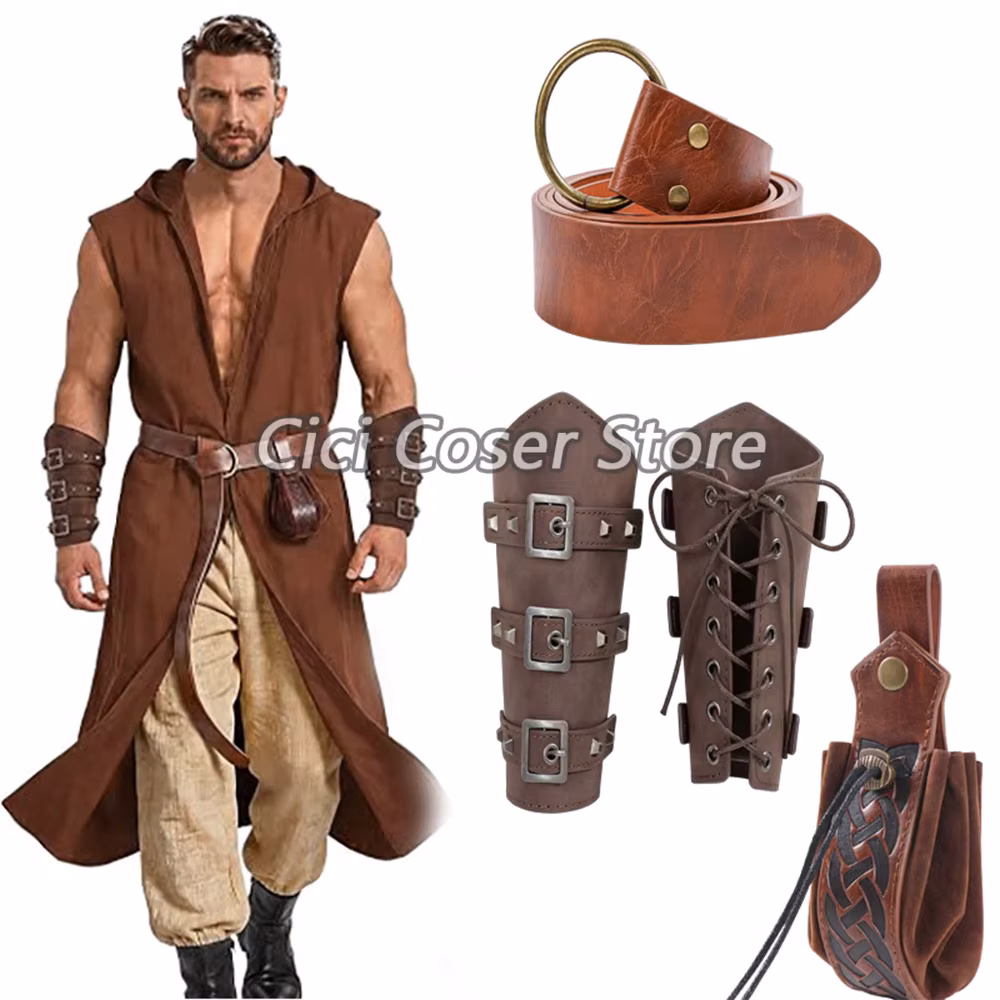 Medieval PU Leather Belt Bracers Waist Pouch Set Viking Knight Pirate Cosplay Accessories Halloween Renaissance Costume Props