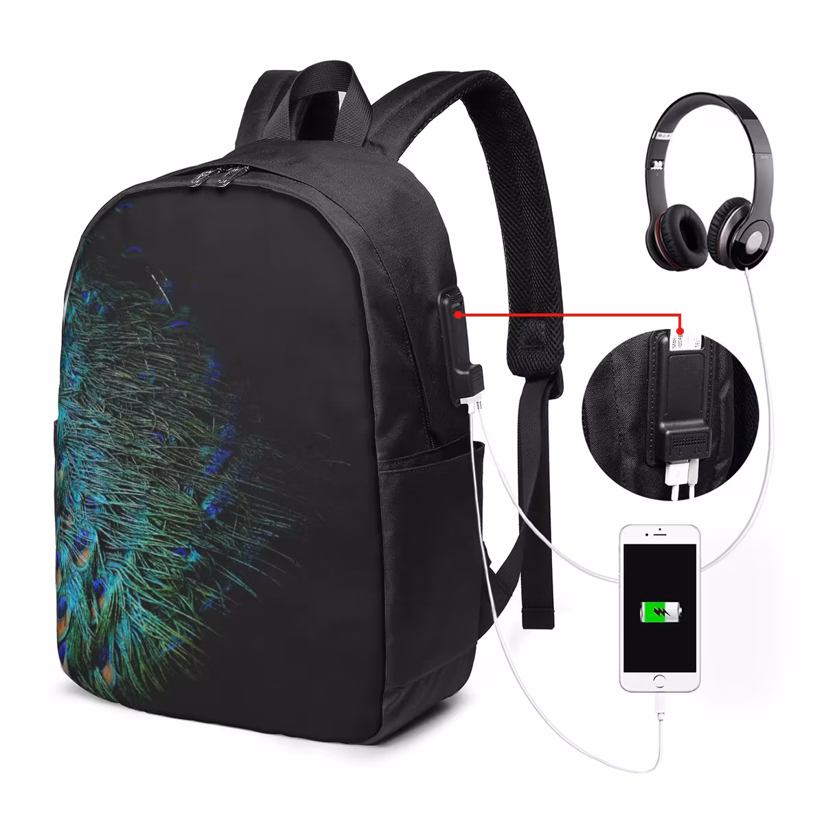 Peacock Feathers On A Black Background Backpack Travel Notebook Bag Computer College Student School Bag Laptop Shoulder Bags