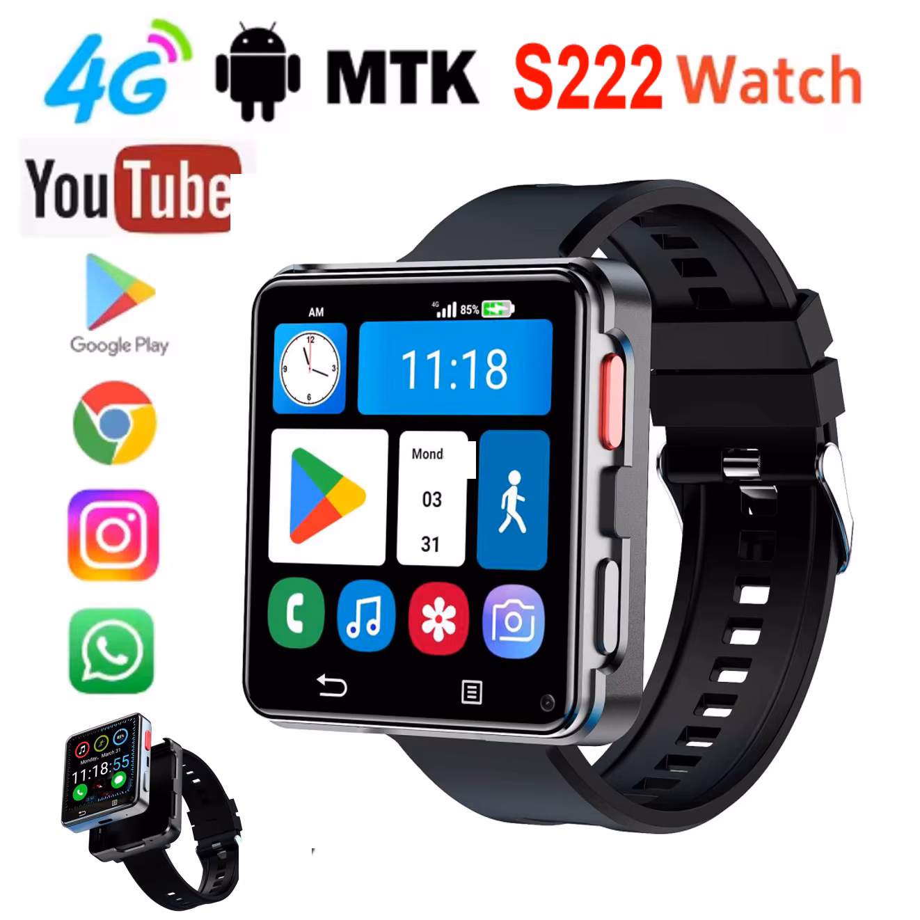 S222 Smart Watch 4G SI-M Card 4GB RAM64GB Rom MTK6761 Android 11.0 With 800W Dual Ca meraWI Fig-PS 2.64" Large Screen Smartwach