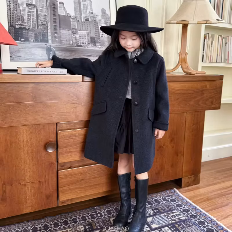 Teen Girl Clothes Children Wool Double Faced Girls Coat Costume Handmade Black Outfit Matching Winter Elegant Outerwear