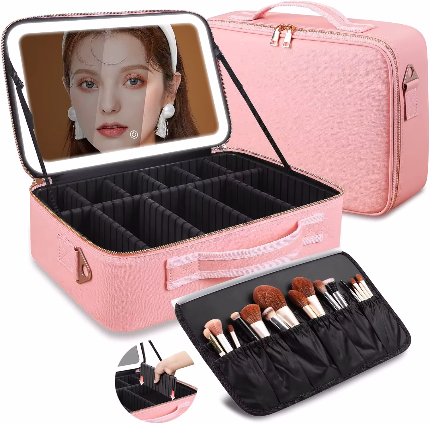Large Capacity Makeup Bag 15''X11'' with Led Mirror 3 Color Light Makeup Case Organizer Travel Cosmetic Bag