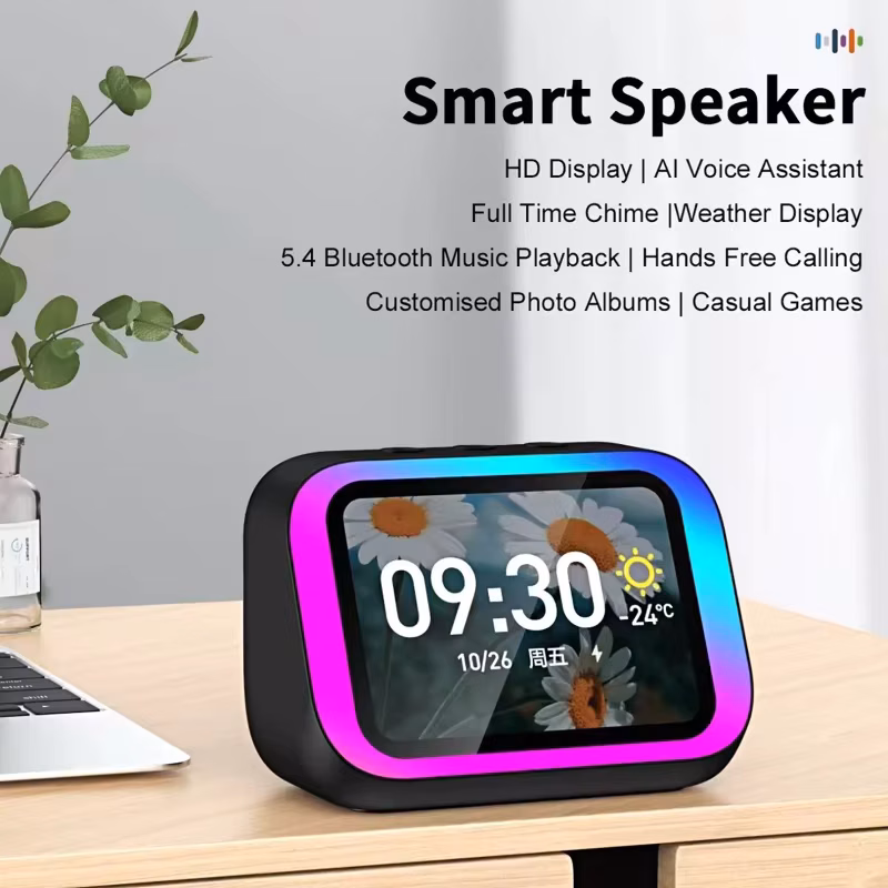 AI Voice Assistant Bluetooth Speaker With Rgb Color Lighting Alarm Clock Led Screen Weather Clock Display Electronic Speaker