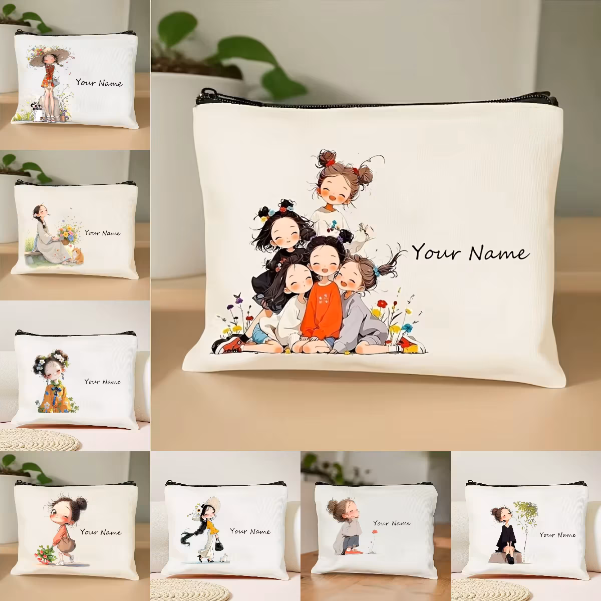 Korean-Style Anime Girl Makeup Bag Custom Name/Text Beauty Case Durable Cloth Travel Organizer Women Chic Gift Storage Pouch