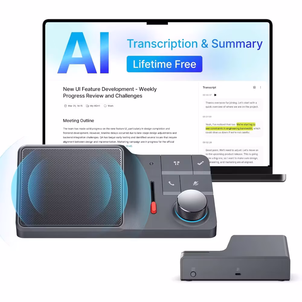 AI Conference Speakerphone with Bluetooth Connectivity, Noise-Canceling Mics, AI Transcription for Home Office Use