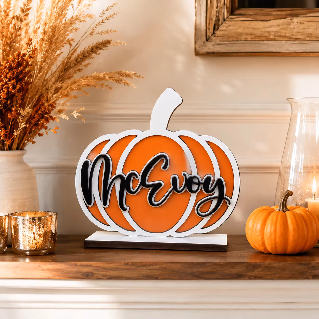 Custom Pumpkin Shape Family Name Wooden Name Plaque, Fall Autumn Harvest Tabletop Decor, Thanksgiving Personalized Home Gift