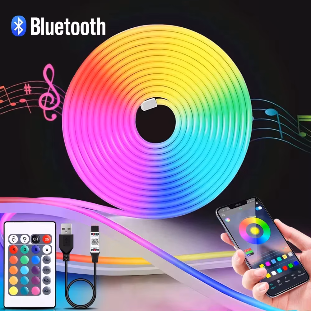 1-5m Rgb Led Neon Strip Light 5V Usb Flexible Rope Light App Remote Control Music Sync Color Changing for Room Home Decorations