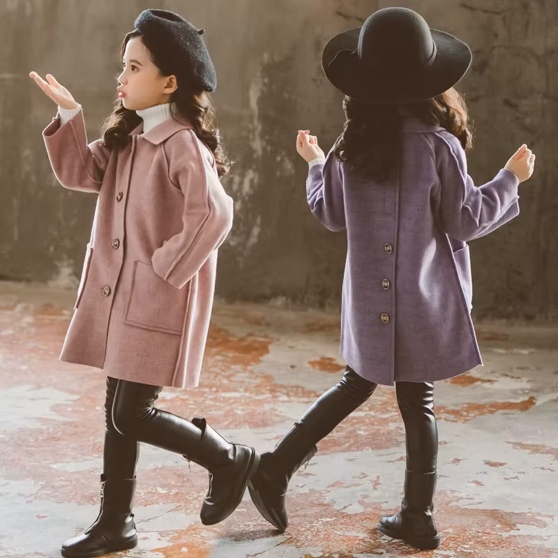 Kids Winter Wool Blend Coats Vintage Fashion Teen Girls Beige Long Jackets Warm Outerwear Thick Jacket Child 7 8 10 12 Years Old