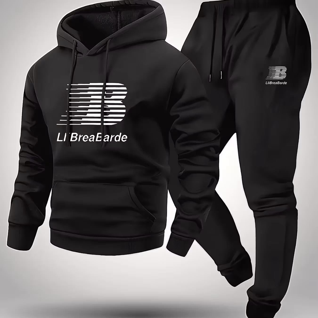 Autumn Winter Men's Casual Warm Outfit Printed Hooded Sweatshirt + Long Pants 2 Piece Set Comfortable Sportswear