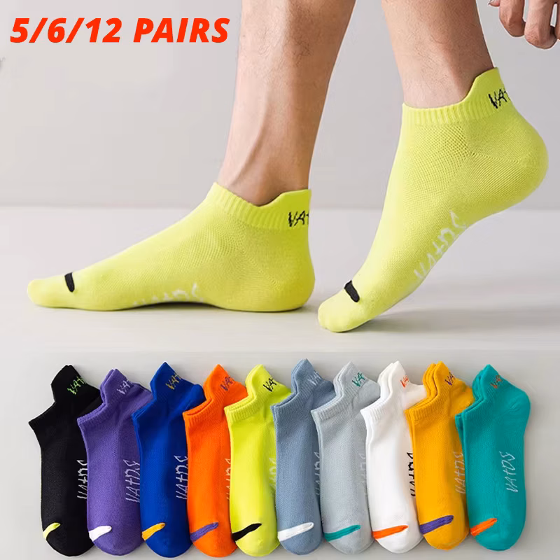 5/6/12 Pairs Bright Color Ankle No Show Socks Men Breathable Street Fashion Sport Deodorant Invisible Travel Running Socks