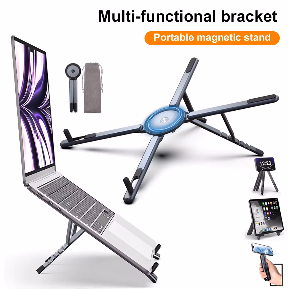 Portable Magnetic Phone Holder & Selfie Stick 3-in-1 Foldable Tripod Stand for iPhone iPad Tablet Laptop Desktop Use