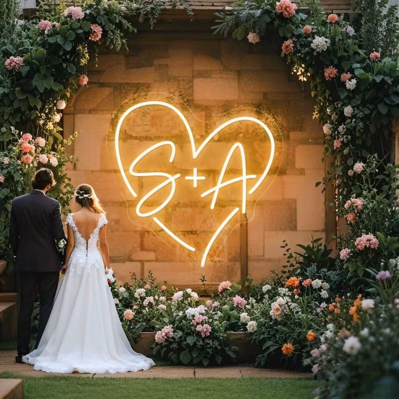 Custom Initials Heart Led Neon Sign, Personalized Name Neon Light For Wedding Party Backdrop Home Wall Decor, Gift For Couple