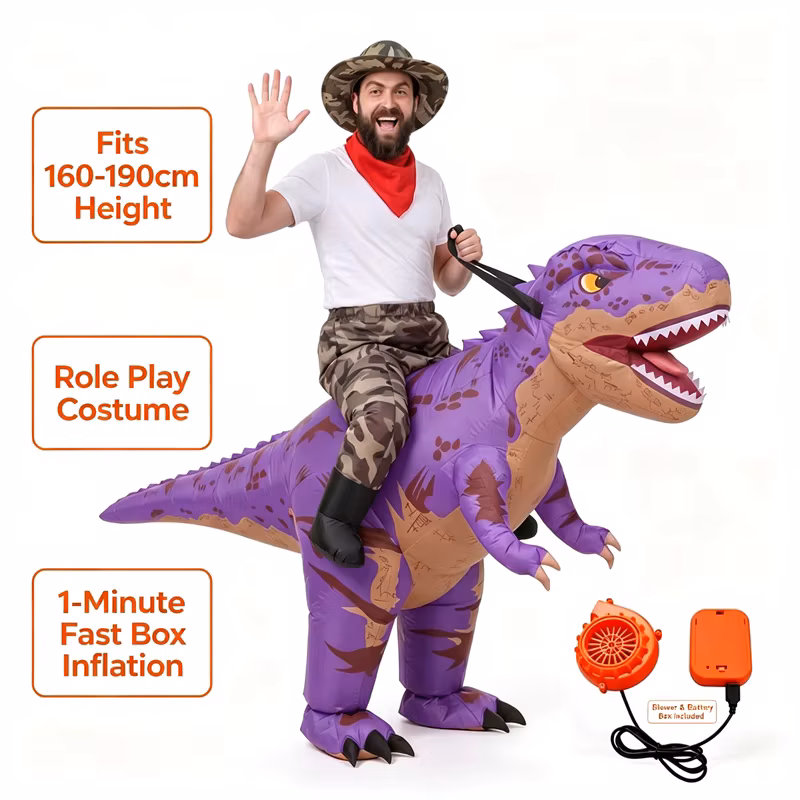 Funny Camo purple T-Rex Inflatable Costume for Adults Ride on Dinosaur Rider Suit with Camo Hat Blower Fan Battery Halloween