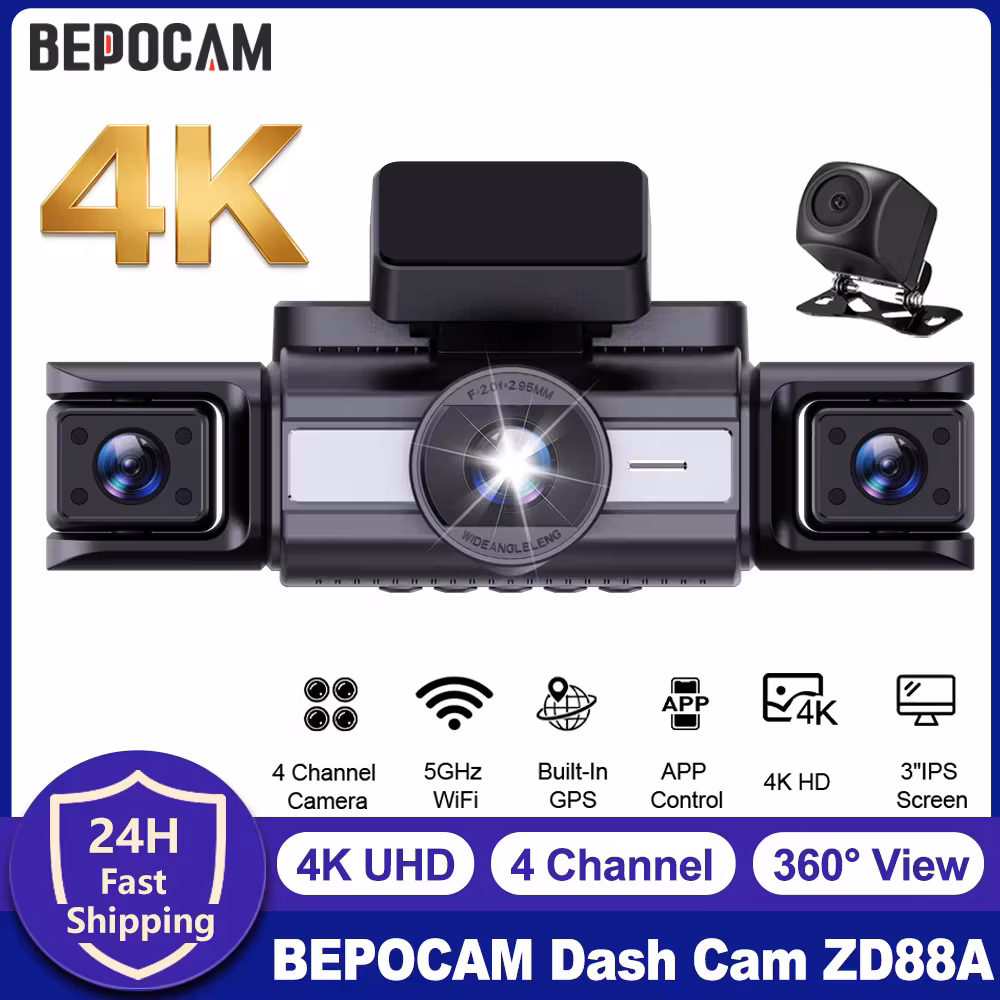Bepocam 4 Channel Dash Cam 4K Front Cam 360° View Rear Left Right Camera for Cars Night Vision WiFi & App Control Car Black Box