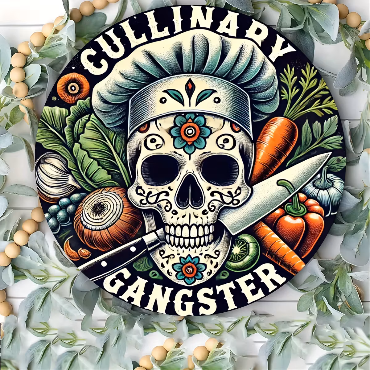 1pc Vintage "Culinary Gangster" Round Aluminum Wall Art, Rustic Skull Chef Design, Versatile Home Decor Sign for Laundry, Room,