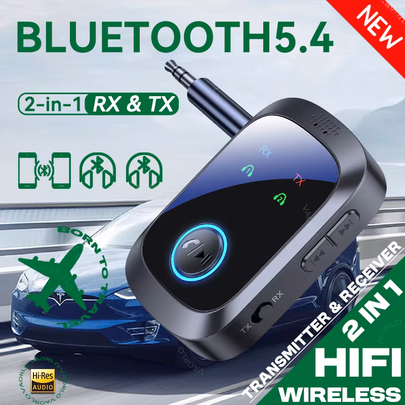 2 In 1 Multipoint Bluetooth 5.4 Audio Transmitter Receiver 3.5mm Aux Hifi HD Low Latency Airplane Wireless Adapter With Mic