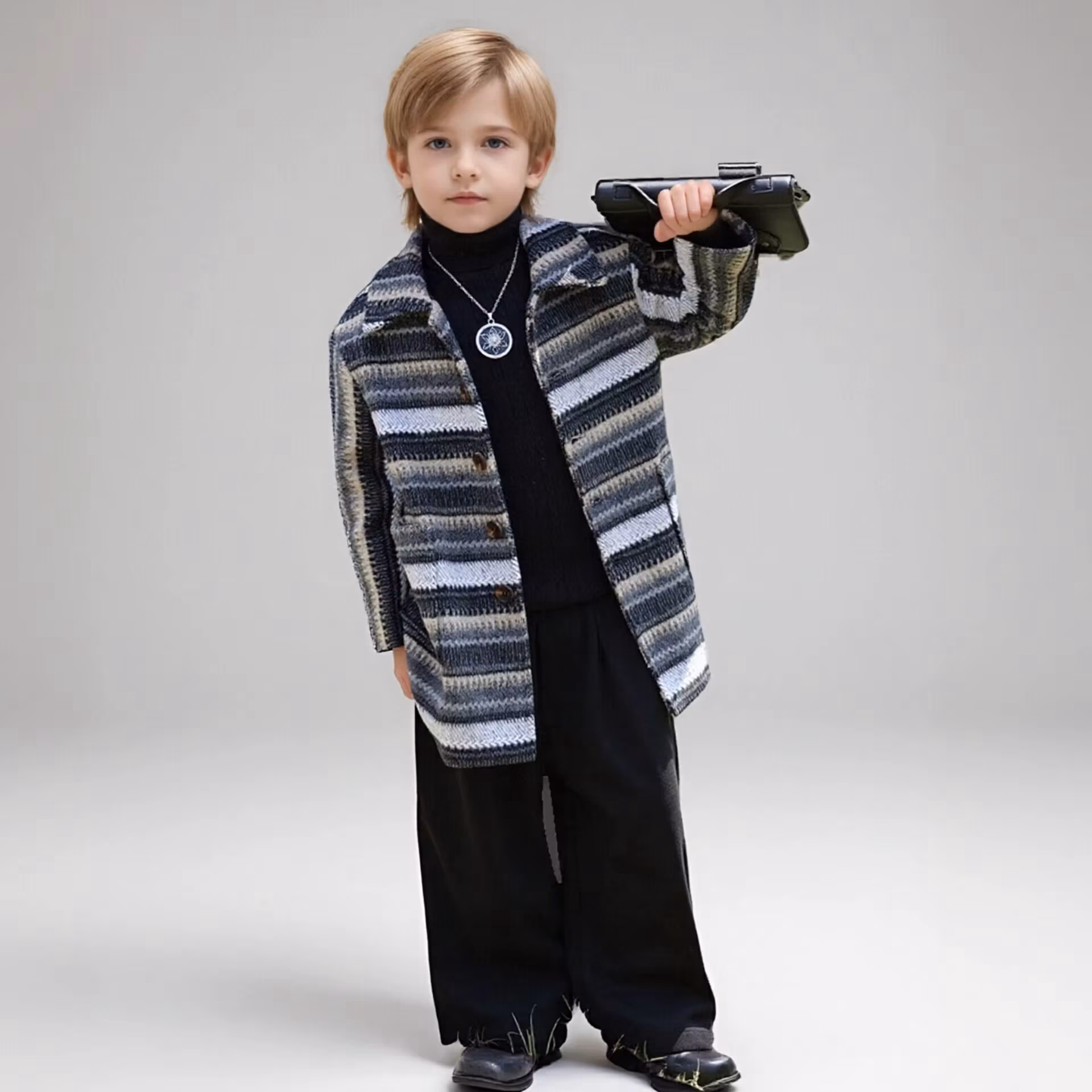 Boys Winter Tweed Coat Color-Block Striped Long Wool Blend Jacket Trendy Casual Warm Teen Kids Outerwear Boy Mid-Length Overcoat