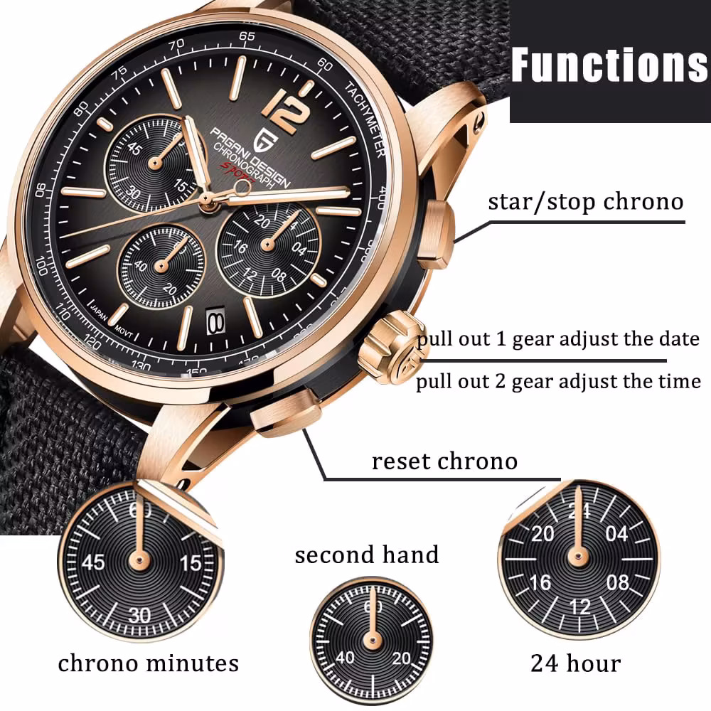 Pagani Design Mens Watch 41mm Chronograph 100M Waterproof Wristwatch Brand VK63 Quartz Watches for Men Gift Reloj Hombre