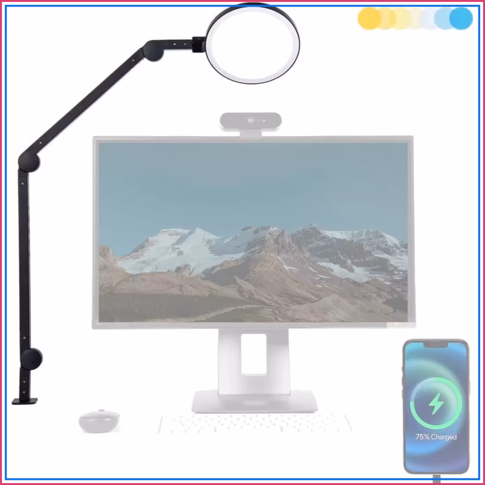 Lume Cube Edge 2.0 Led Desk Lamp | Dimmable Home Office Light with Usb Charging & Swing Arm | Adjustable Color Temp & Brightness | Circle Webcam Light