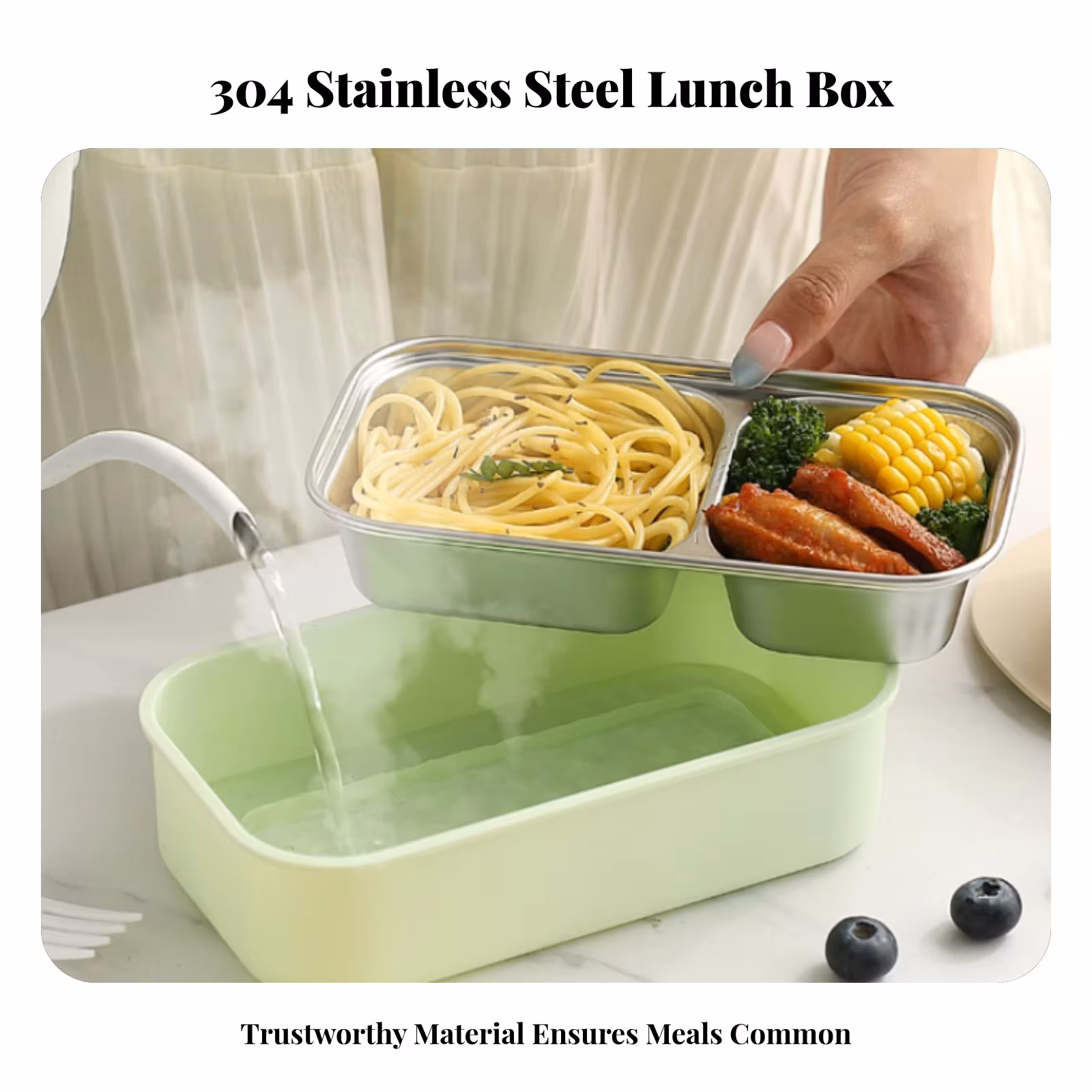 Portable Compartment Lunch Box, 304 Stainless Steel Bento Box, Leakproof, Microwave Safe for Students & Office