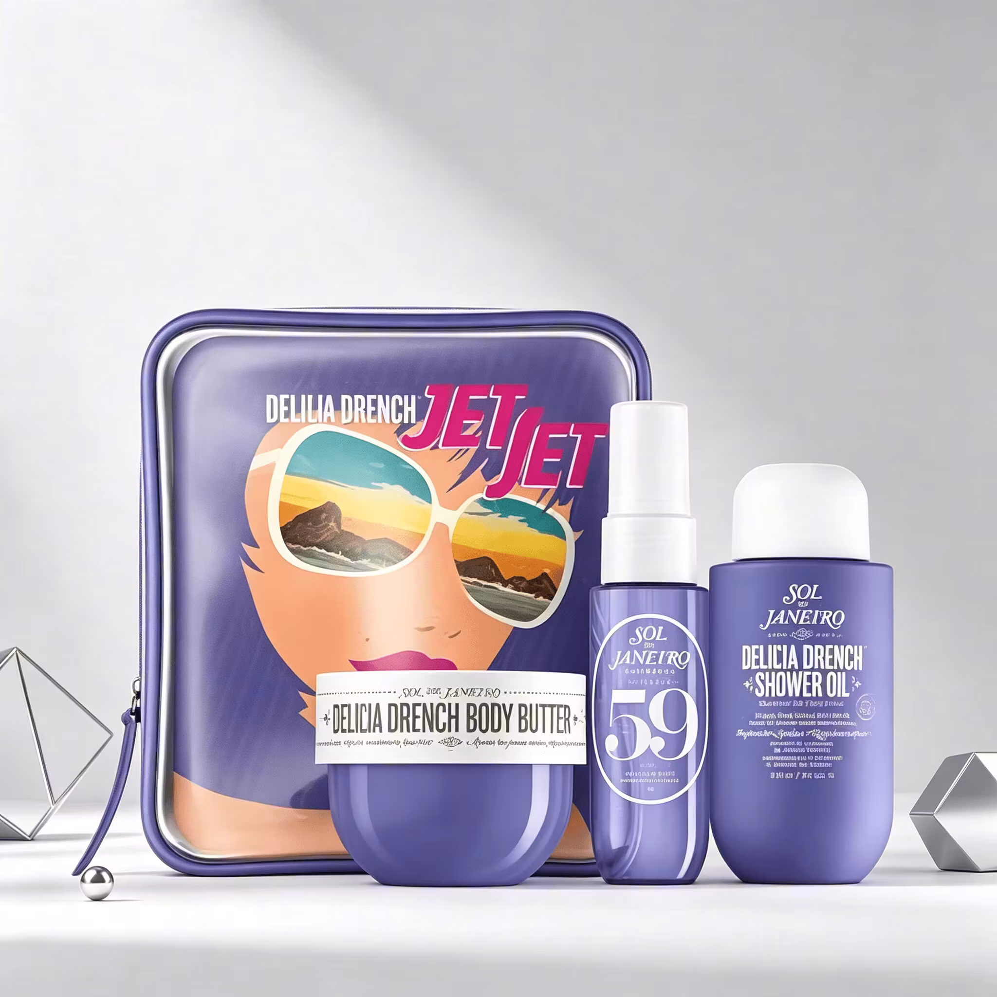Sol de Janeiro Delicia Drench Jet Set Travel Perfume Gift Set For Women Cheirosa 59 Juicy Passion Fruit Vanilla Soft Gourmand Scent Portable Mini Body Perfume Deep Moisturizing Body Butter Cleansing Shower Oil Complete Purple Vintage Storage Bag Perfect T
