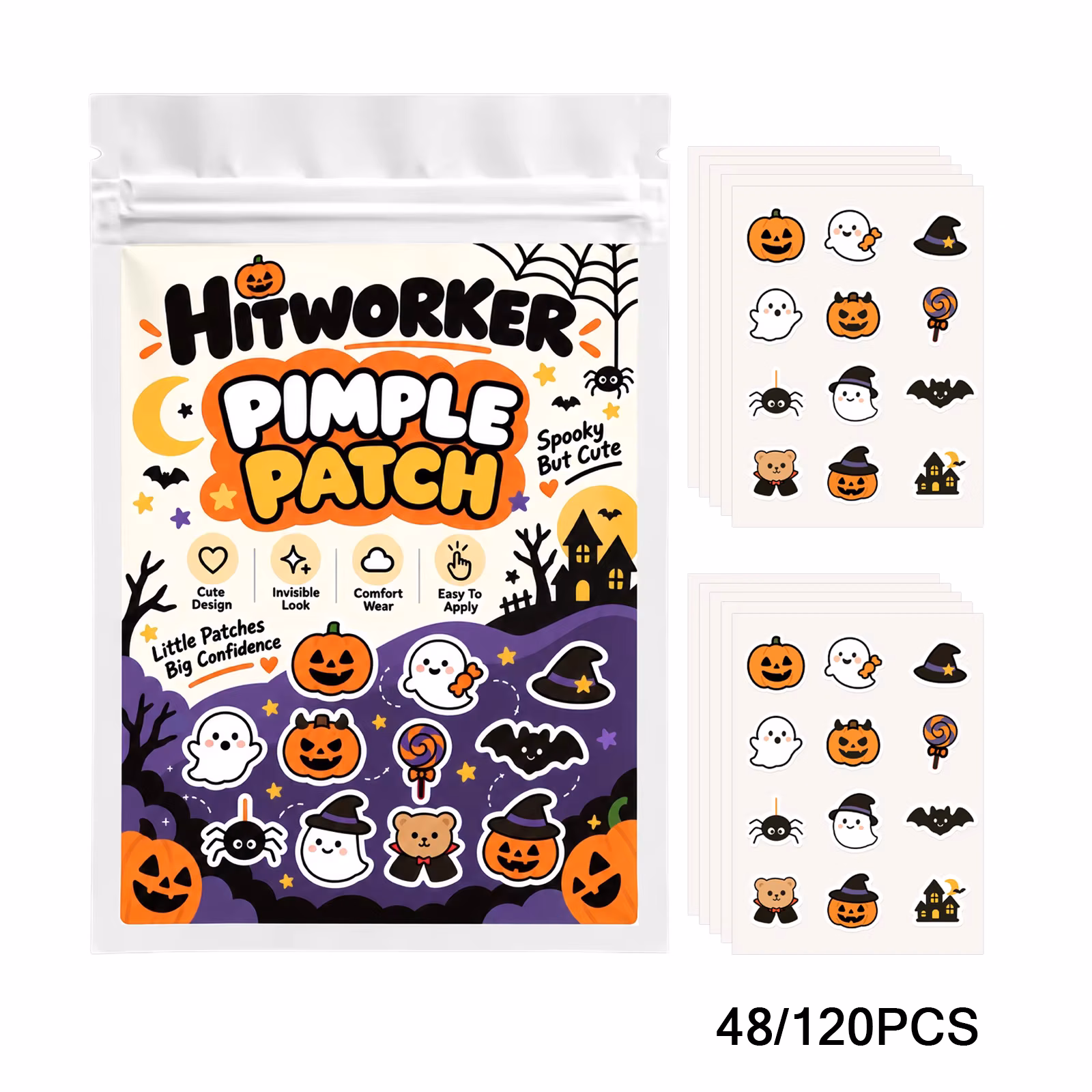 Hitworker Halloween Cute Pimple Patches Ghost Pumpkin Bat Hydrocolloid Acne Spot Stickers Gentle Skin Care 48/120PCS