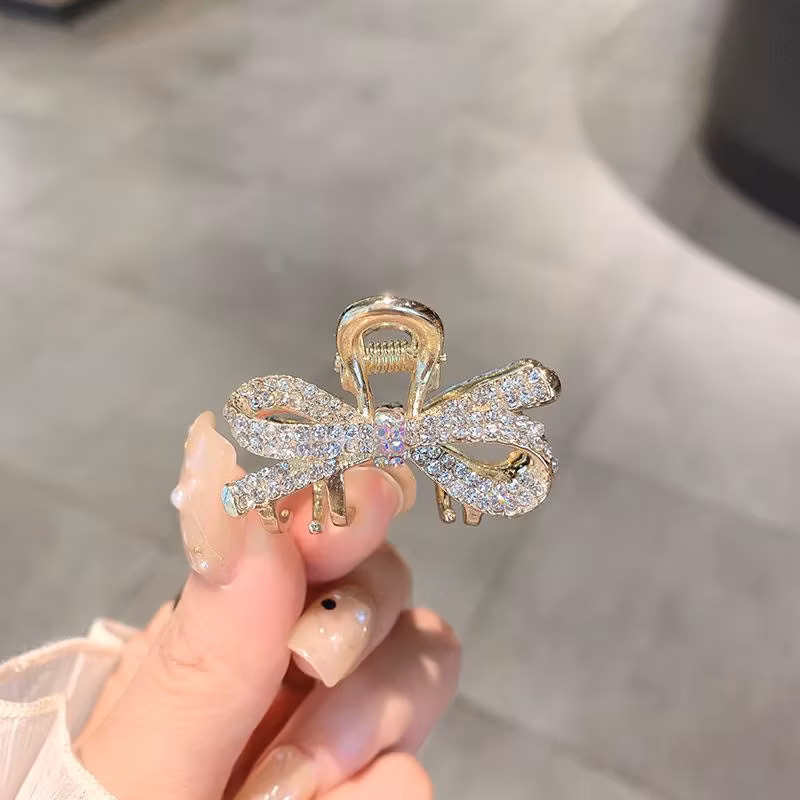 Cute Korean Style Rhinestone Bow Hair Claw Clips, Mini Sweet Hair Clips for Bangs & Half Up Hairstyles Women Girls Bangs