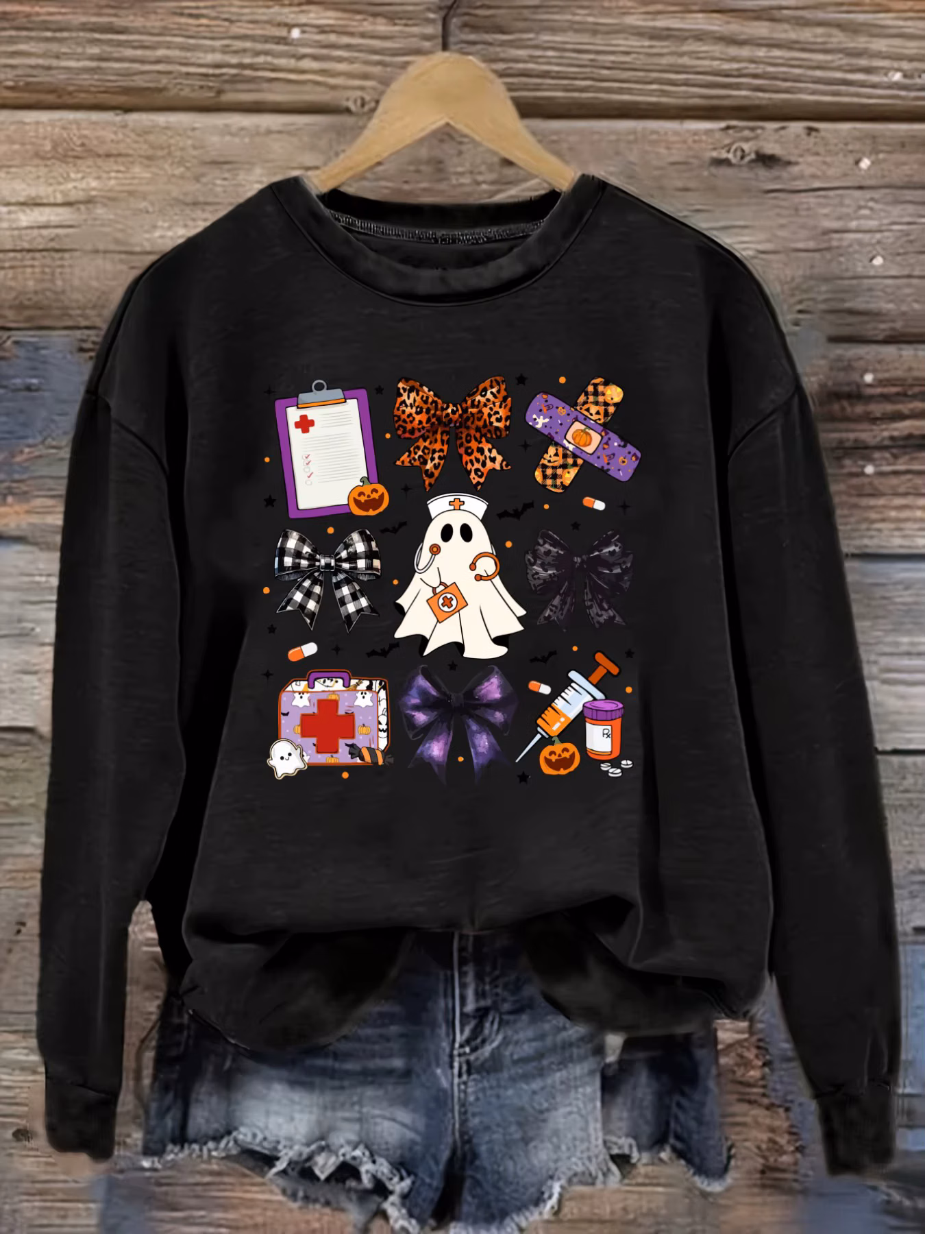 Women's Casual Long Sleeve Crew Neck T-Shirt Halloween Nurse Ghost Bow Prints Design, Round Neck Women's Clothing, Machine Washable, Slightly Elastic, Loose Fit, Spring Autumn Winter Women's T-Shirt, Halloween Costume Outfit