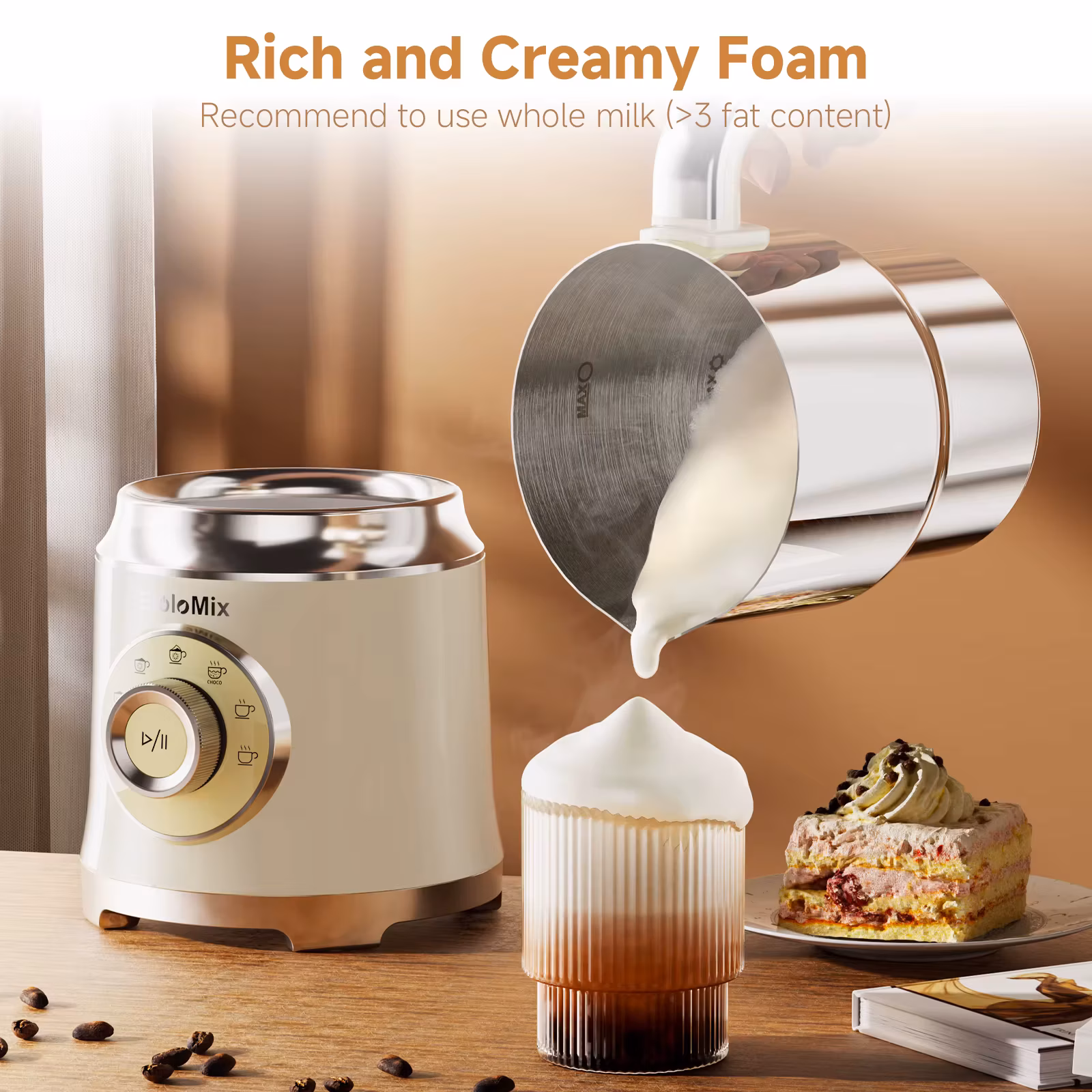 BioloMix 7-in-1 Electric Milk Frother Steamer with Detachable Base for and Cold Foam Coffee Chocolate Dishwasher Safe