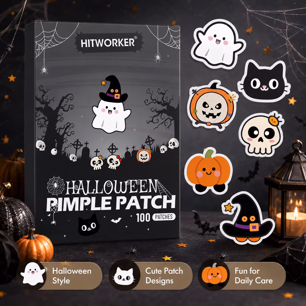 Halloween Blemish Cover Patches, Cute Ghost Cat Pumpkin Skull Designs, Easy-to-Use Face Stickers, Fun Daily Beauty Accessory, Ha
