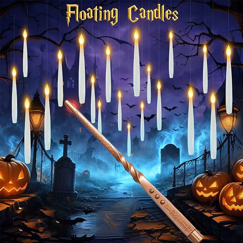 Magic Floating Candles with Wand, Flameless Led Hanging Candles, Flickering Warm White Light, Battery Powered Halloween Decor