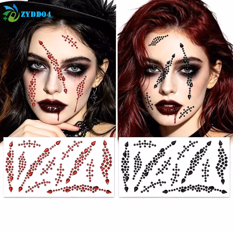 ●1Pcs Halloween Face Rhinestone Stickers Red Black Spider Web Cross Scar Self-adhesive Gem Decals Horror Cosplay Makeup Ornament
