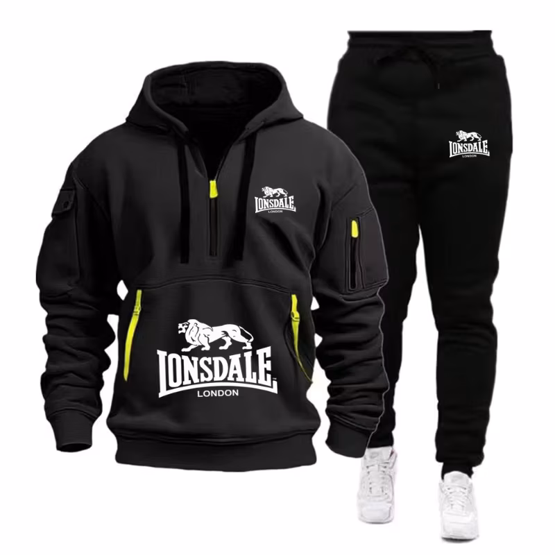 Lonsdale Men's Kangaroo Pocket Hoodie Set Autumn Winter Fleece Sweatshirt + Sports Pants 2 Piece Tracksuit Casual Fitne