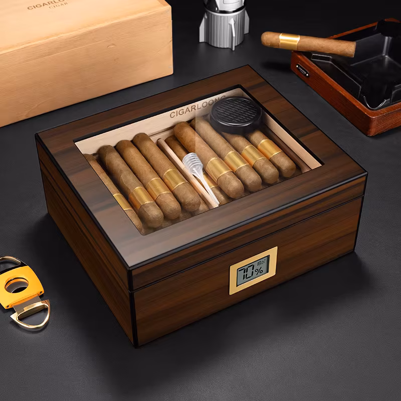 Spanish Cedar Cigar Humidor Large Capacity with Hygrometer And Humidifier Double Layer High Transparency Window Cigar Box