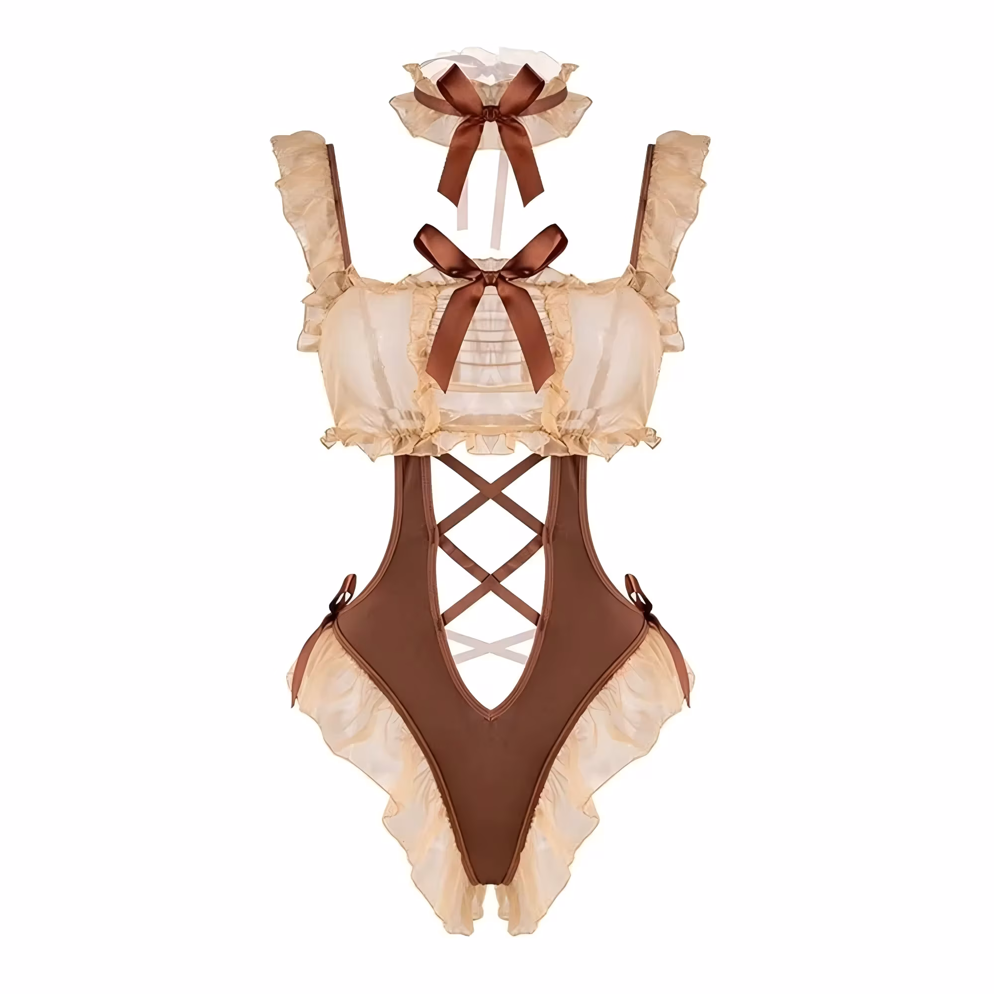 Pajamas Skirt Maid Ruffled Mesh Bodysuit Bowknot Open Crotch Bow Mesh Sheer Jumpsuit Strap Maid Uniform Slim Fit Women Lingerie