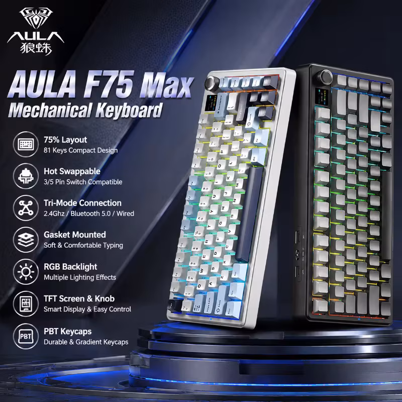 Aula F75 Max Mechanical Keyboard 75% Layout Tri Mode Wireless Rgb Gaming Keyboard Swappable Gasket Mounted Tft Screen Knob
