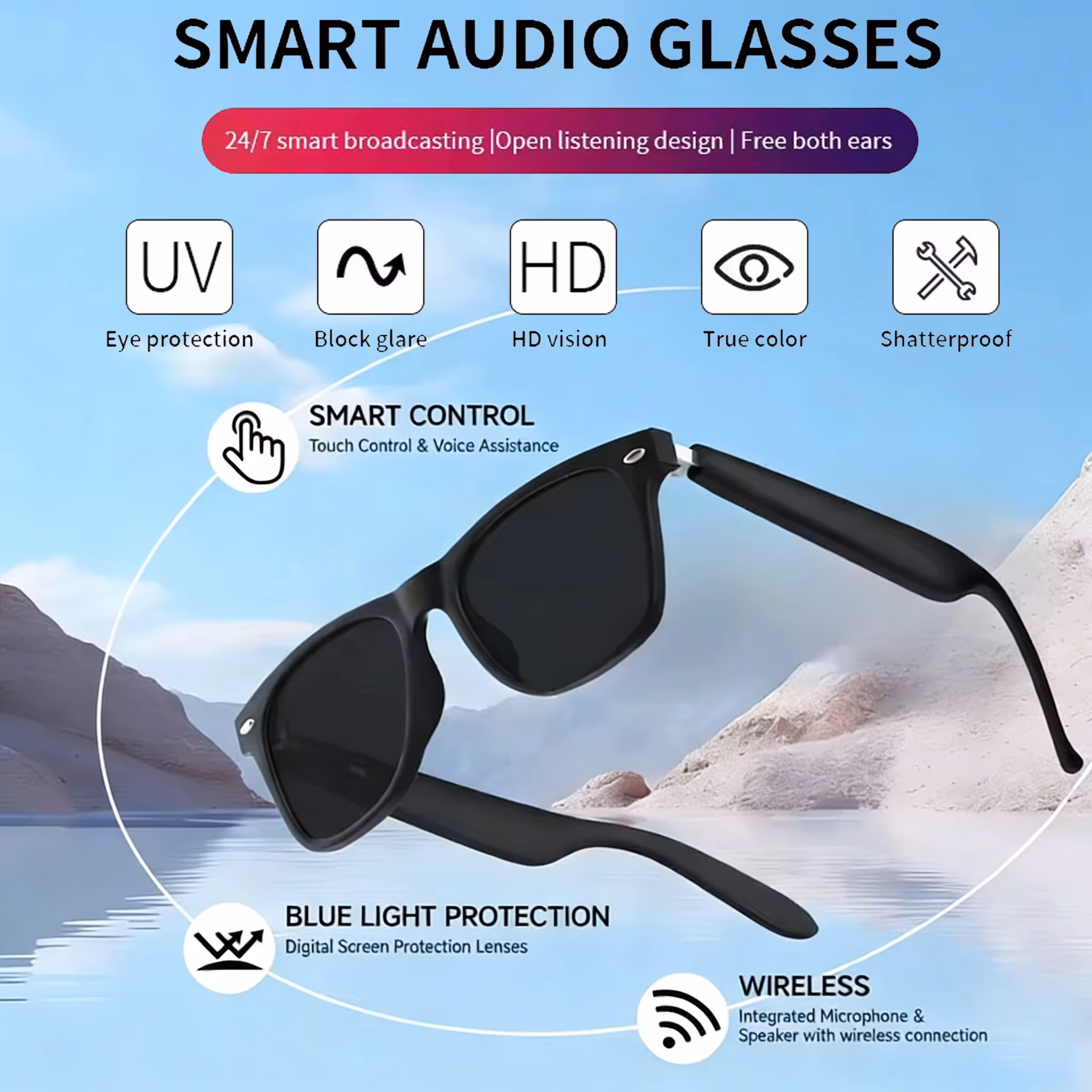 Smart Glasses Bluetooth Call Sunglasses Multi-functional Anti-Blue Light Sunglasses Wireless Headset Men Women