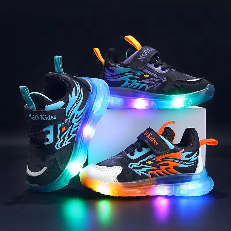 Mgo Kidss Teen Led Cartoon Dragon Sneakers - Boys' Sneakers with Flashing Lights, Camouflage and Solid Patterns, Velcro Closure, Ages 1-9, Perfect for Casual Play, Seasonal Youth Footwear | Dragon-Themed Shoes | Durabl