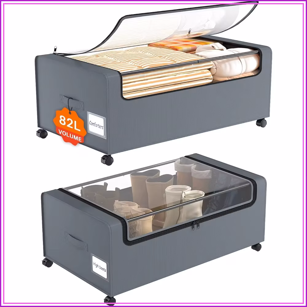 12 Inch Under Bed Storage Bins with Clear Lid, Under Bed Containers with Wheels for Small Spaces, Dorms, Blankets (2 Pack, 30.7"x17.3"x12")