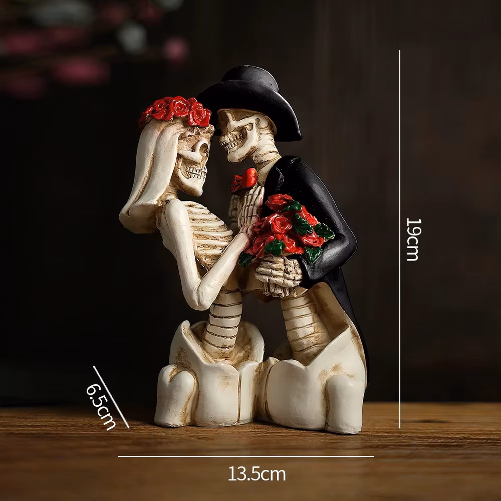 Skeleton Bride and Groom Figurine Day of the Dead Halloween Decor Gothic Wedding Couple Topper 7.5" Resin Statue