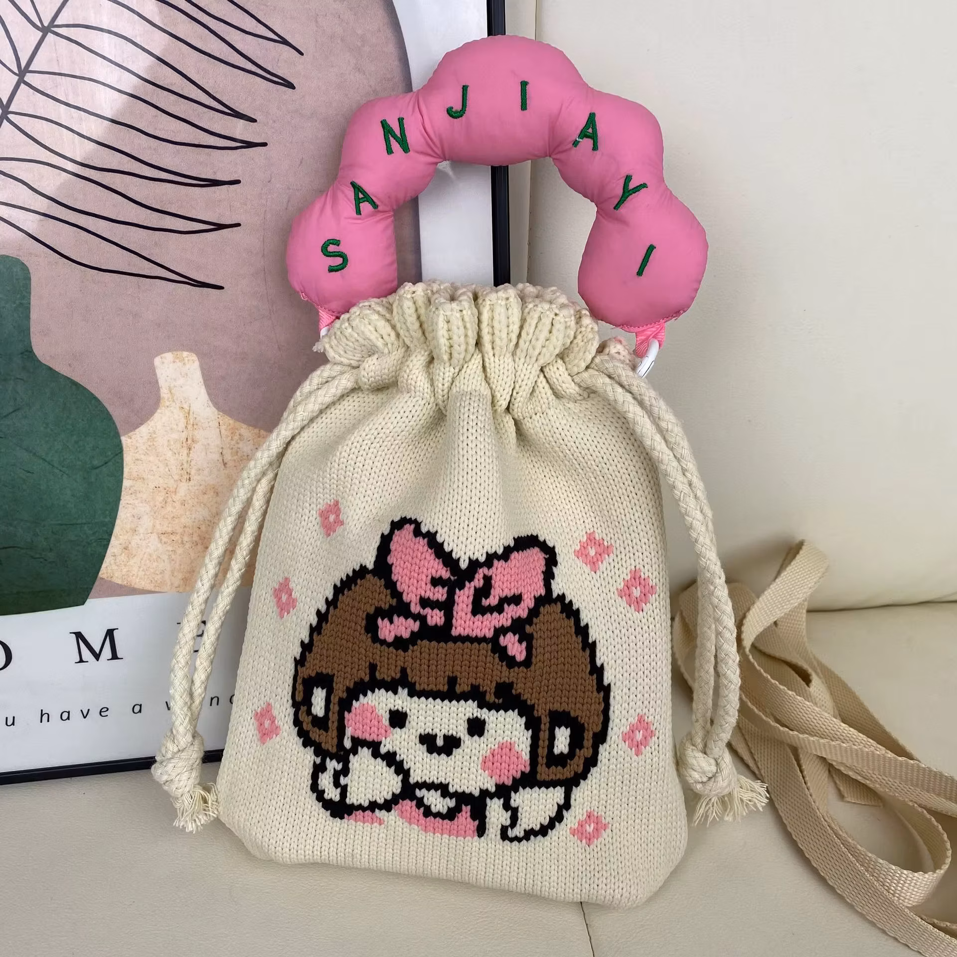 Cute Knitted Small Good Luck Bag Crossbody Lunchbox Handbag Soft Polyester Fiber Student Portable Shoulder Bag Korean Style