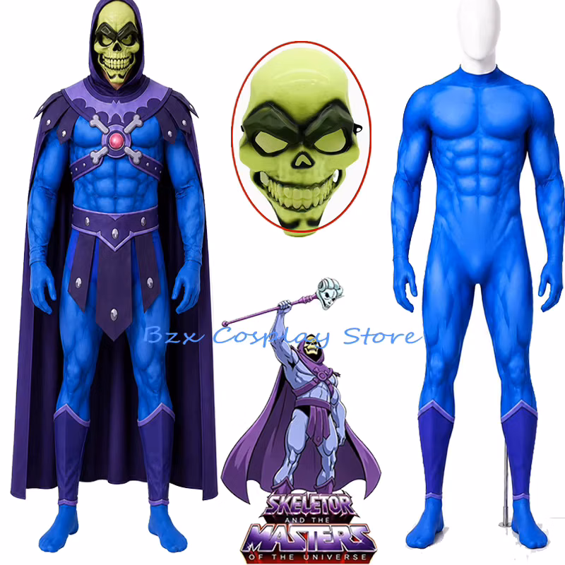 Anime Universe Man Cosplay King Skeletor Cosplay Costume Gray Skull Men Jumpsuits Cloak Prop Mask Set Halloween Play Outfit
