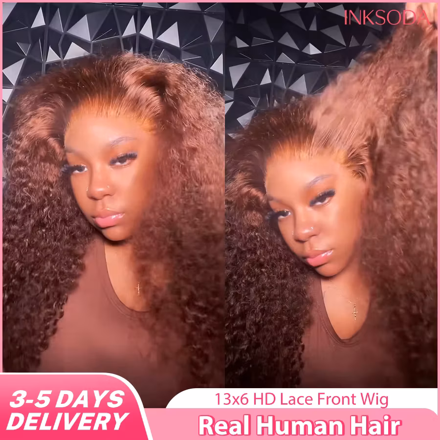 Chocolate Brown Colored 220% Density 36 Inch Chocolate Brown 13x6 13x4 HD Transparent Lace Front Wigs Human Hair Curly Deep Wave Brazilian Transparent Lace Frontal Wig For Women Human Hair #4 Colored Wigs Pre-Plucked Prebleached