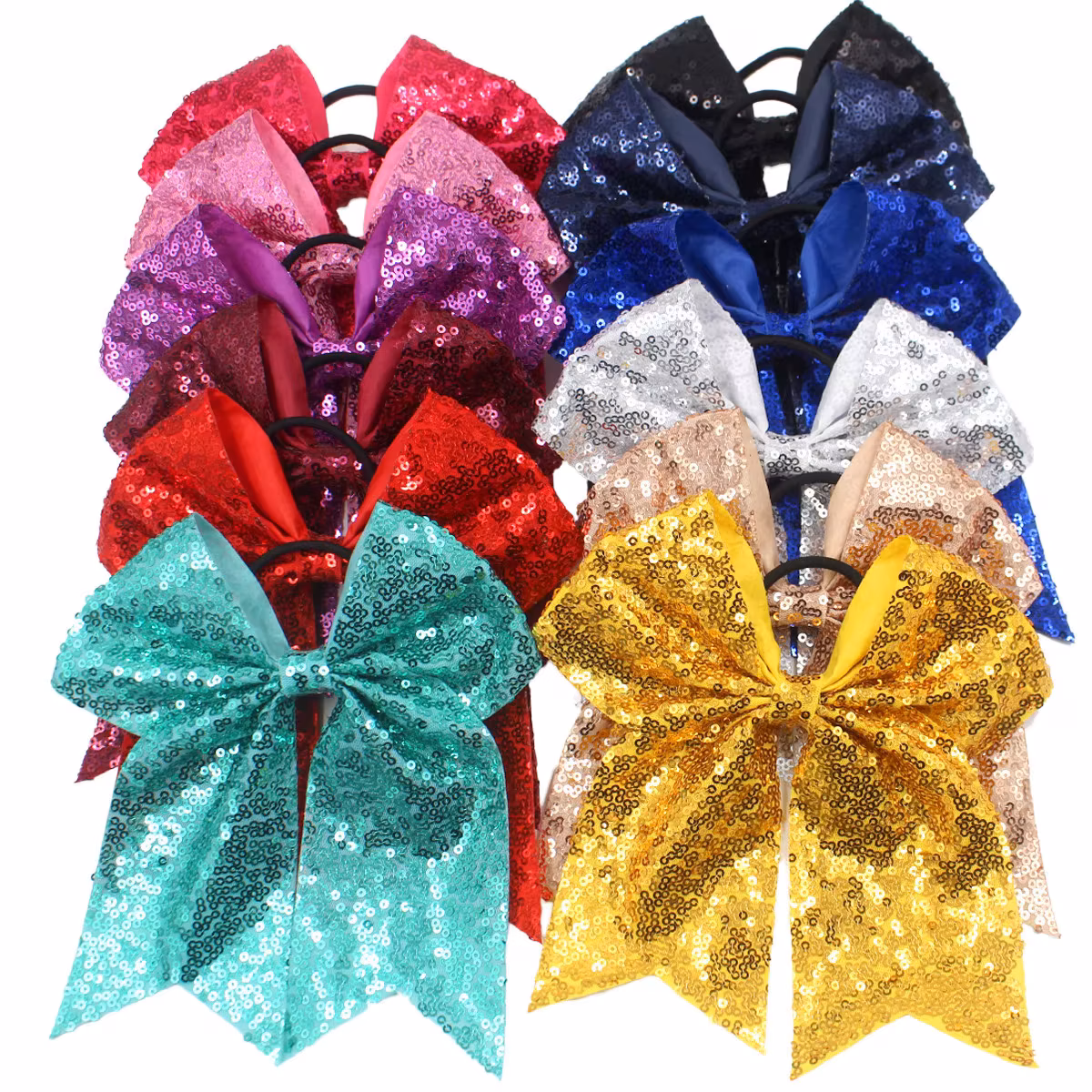 Sequin Swallowtail Bow Scrunchie Solid Color Glitter Hair Tie Ponytail Holder Cheerleading Hair Accessories for Women Party