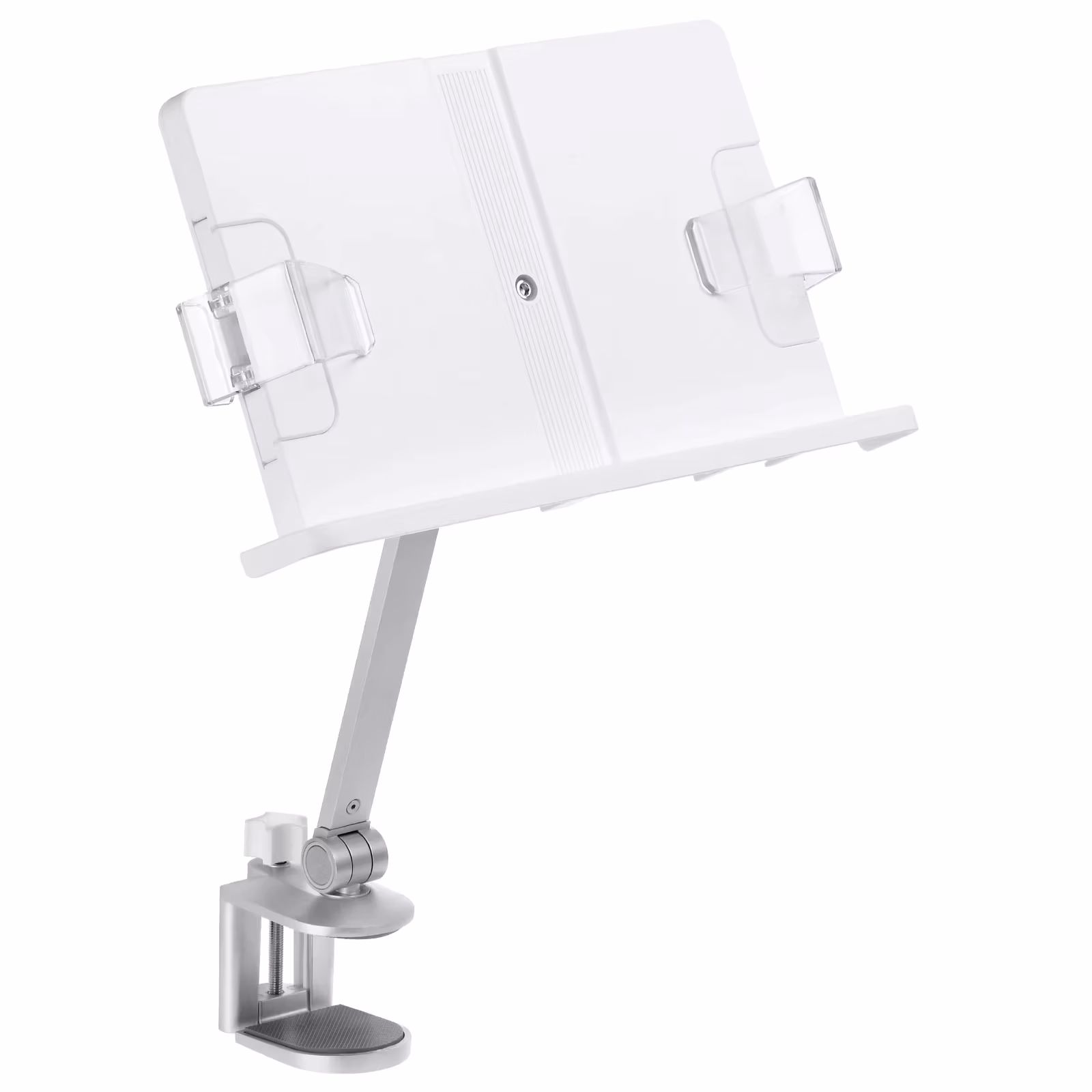 Reading Book Stand Metal Reading Rest Book Holder with Page Clips Height Angle Adjustable 360° Rotating Arm Suitable for Laptop